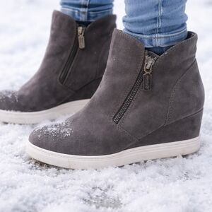 Blondo Dark Gray Suede Waterproof Wedge Heel Sneaker Booties